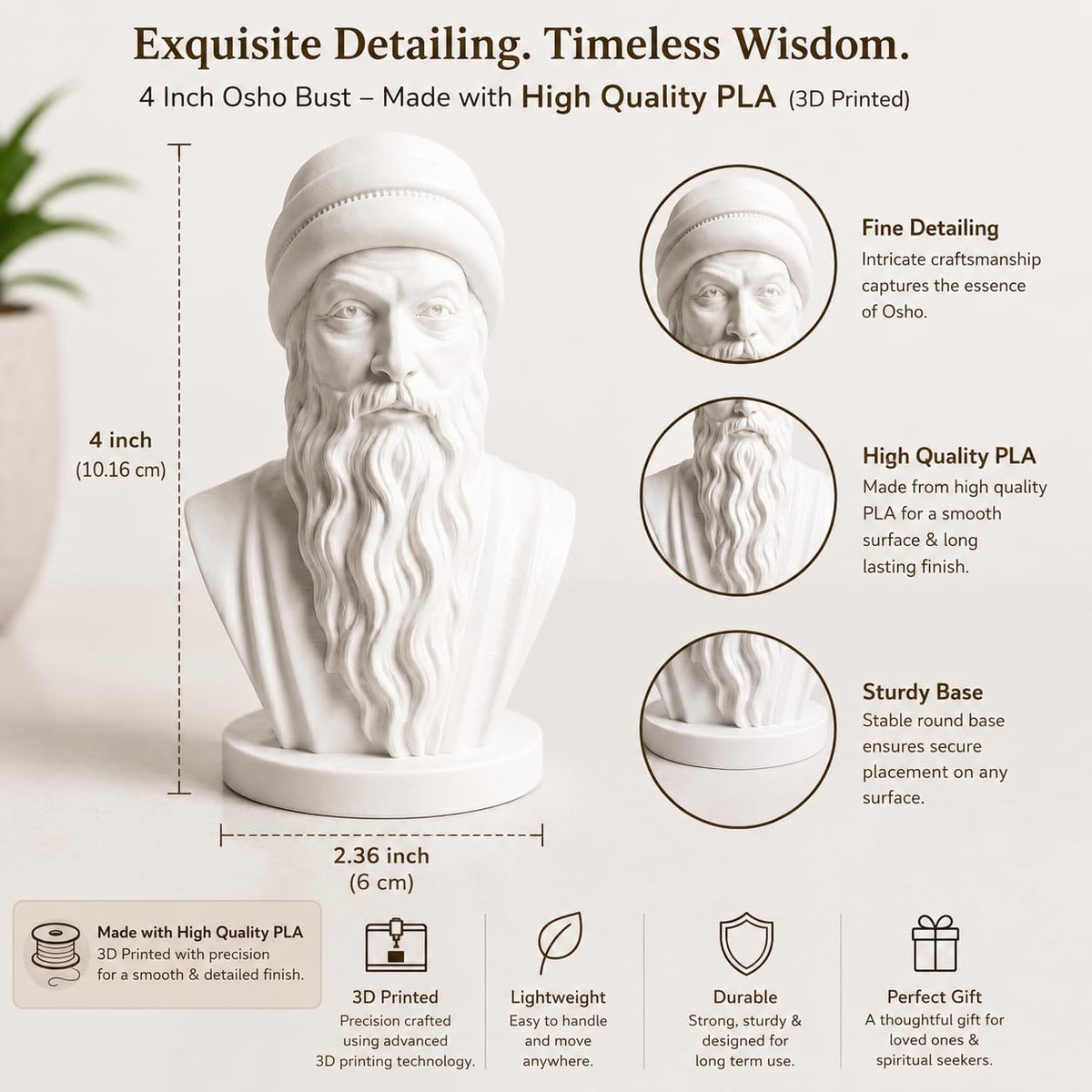 Osho PLA bust dimensions: height 4 inches and base width 6 cm